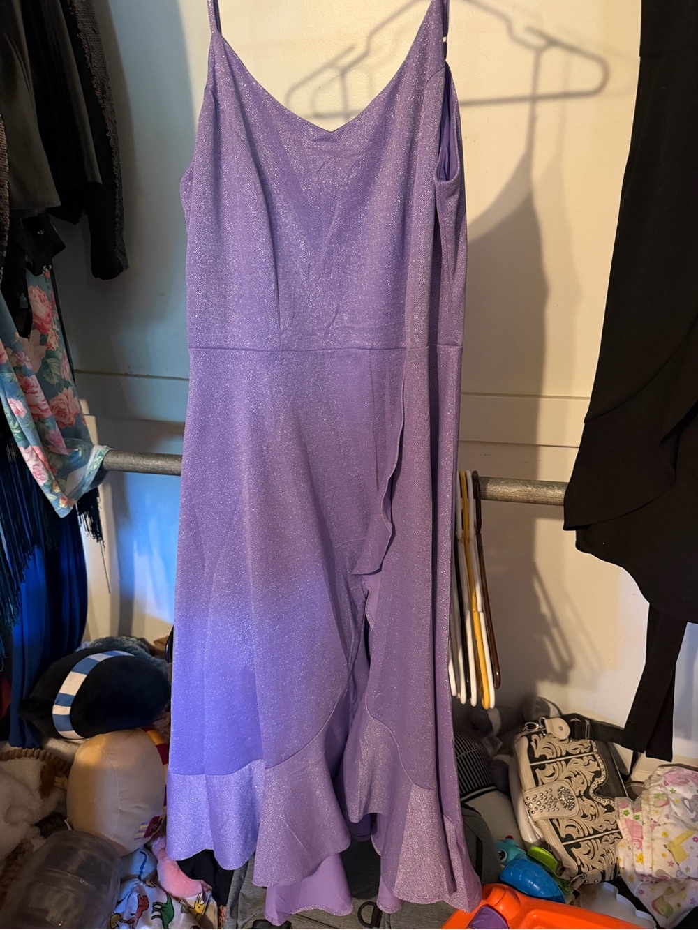 Shimmery Lavender Ruffle Midi Dress with Spaghetti Straps